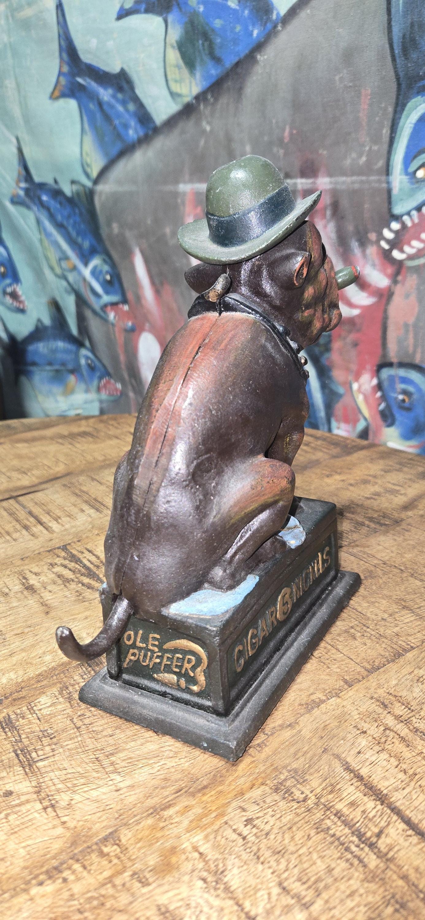 Ole Puffer Mechanical Cast Iron Coin Bank Bulldog With Cigar in