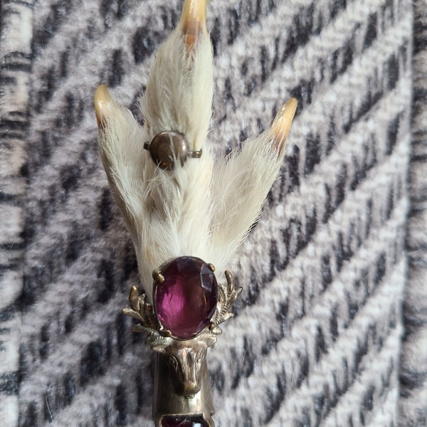 Antique Victorian Scottish Silver Grouse Claw Foot Corsage Kilt Scarf Pin Brooch Scotland Heritage Lucky Charm with Amethyst Gems Early