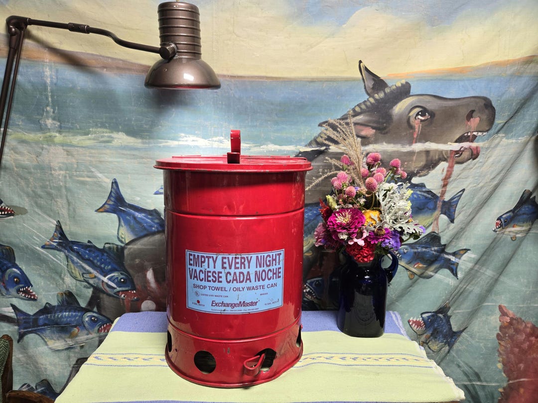 Vintage Industrial Gas Station Red Round Metal Step to Open Waste ...