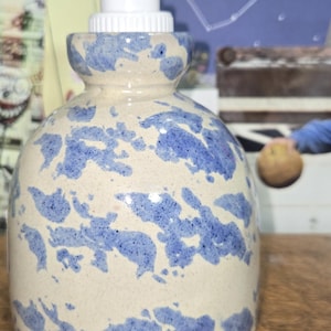 Vintage Blue over White Spongeware Bybee Pottery Primitive Kentucky Liquid Soap Dispenser Signed BB on Base