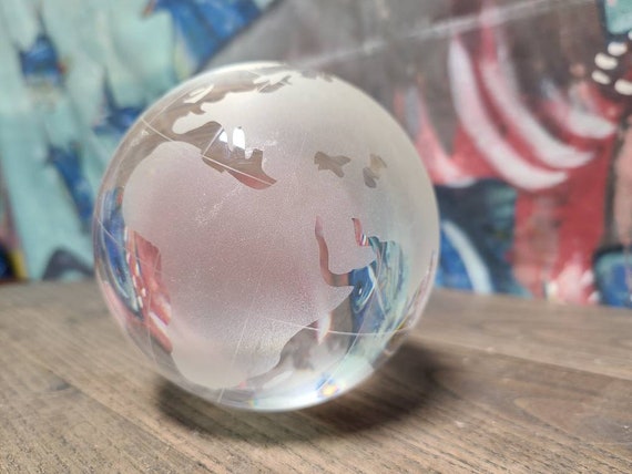 Glass Clear World Earth Globe Etched Crystal World on Stand 100mm Paperweight 