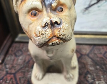 Vintage French Bulldog Hand Painted White Chalkware Plaster Dog