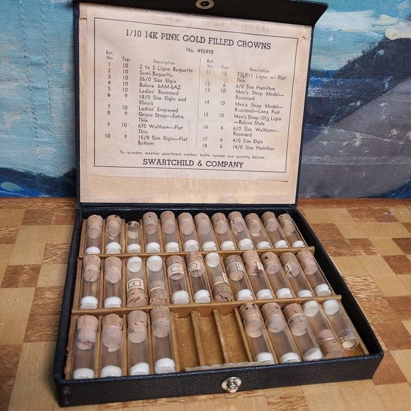 Curious Collection of 33 Vintage Antique Elgin Watch Crown Part Glass Vials Jars with Cork Stoppers in Original Box