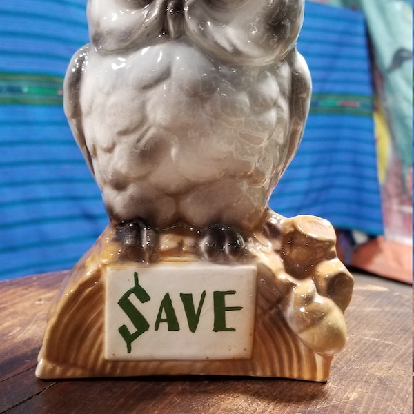 Beautiful Vintage Hand-Painted Ceramic 1950's 1960's Save Wise Owl Penny Savings Piggy Bank Austin Texas Ken G