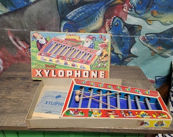 Vintage Tudor Metal Products Tin Instruments Xylophone 1930's Child's Toy 8 Note Chimes and Instructions