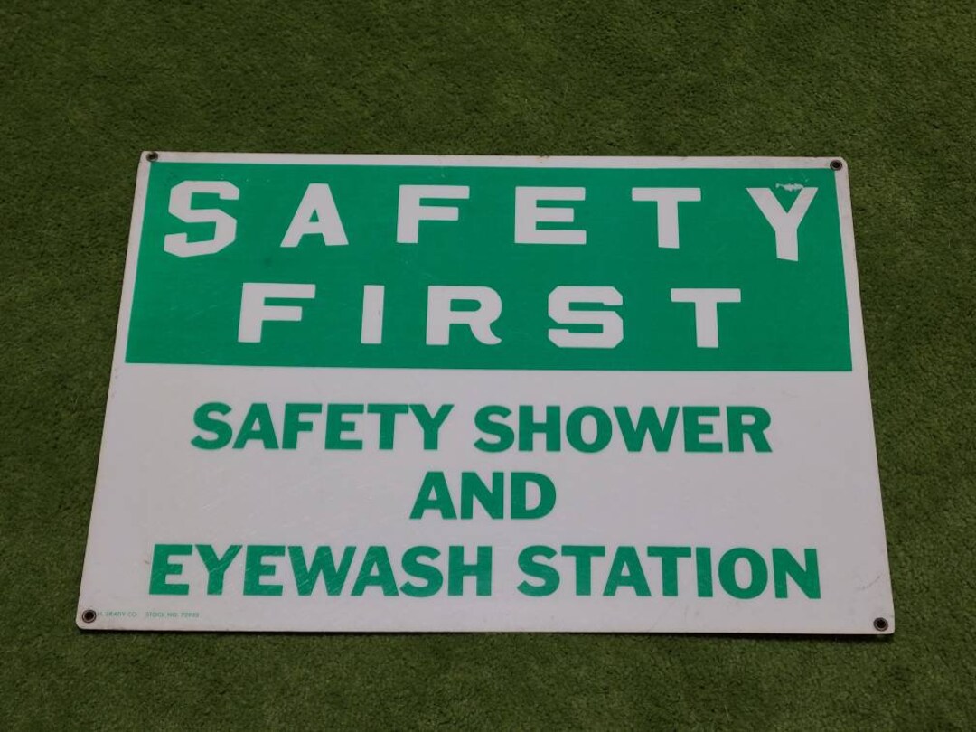 Vintage Safety First Safety Shower and Eyewash Station Industrial Green on White Coated Metal