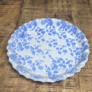 Gorgeous Blue over White Splatter Scalloped Edge Bybee Kentucky Pottery Pie Dish Signed on Base Everything's Better in Bybee
