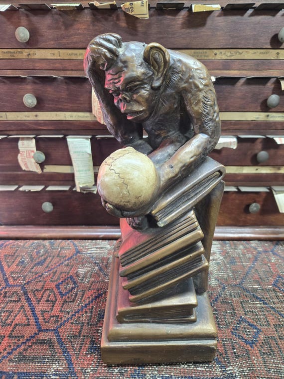 1960's Marwal Darwin Evolution Monkey With Skull and Books Thinker