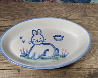 Beautiful Vintage Handmade Studio Art Pottery M A Hadley Pottery Bunny Signed Oval Platter Server 11 3/8" x 7"