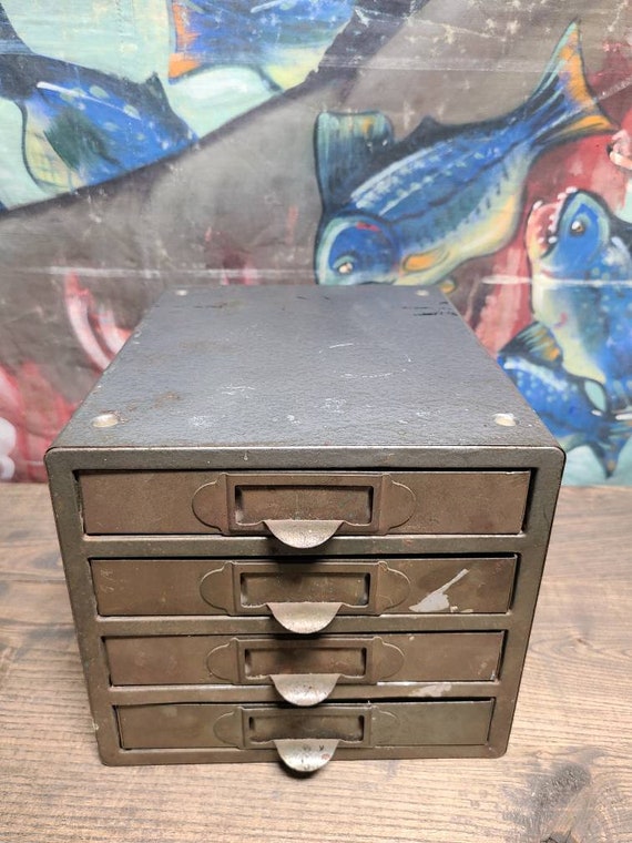 Vintage 1940's Industrial Steelmasters Type Metal Store Display Parts  Cabinet Box With Four Divided Drawers Organizer Storage Cabinet 