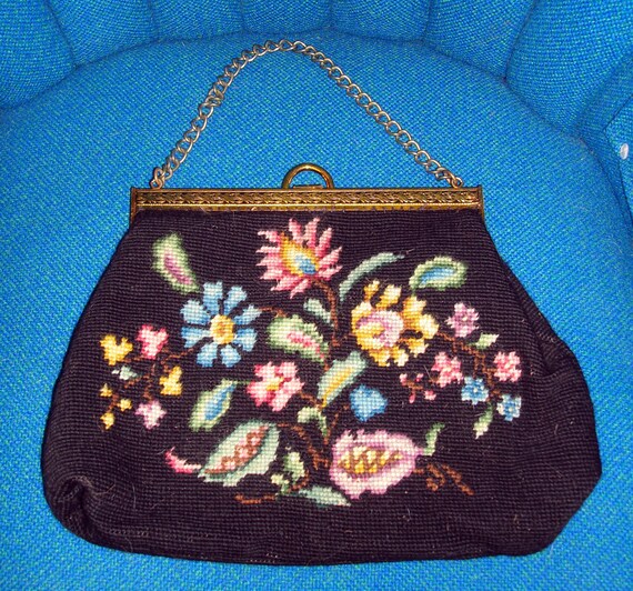 Vintage Circa 1950's Black Floral Needlepoint Pur… - image 2