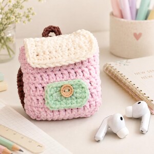May include: A small, crocheted backpack-shaped case in light pink with a cream-colored flap, a mint green front pocket secured by a wooden button, and dark brown straps. The item is designed to hold small accessories like wireless earbuds.