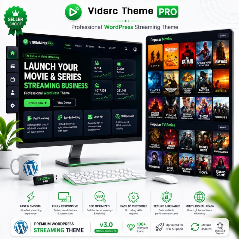 May include: A digital display showing the Vidsrc Theme PRO WordPress interface with a dark dashboard, movie posters, and streaming statistics. The screen features text including "LAUNCH YOUR MOVIE & SERIES STREAMING BUSINESS" and "Popular Movies."