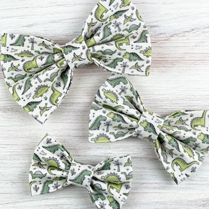 Green Dinos Pet Bow Tie (Dinosaur Dog Bow, Dinosaur Pet Accessory, Trex, Triceratops, Stegosaurus, Jurassic Dino, Big Lizards, Reptiles)