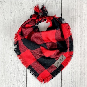 Buffalo Dog Bandana (Red and Black Buffalo Check Flannel, Lumberjack Plaid, Matching Family Photo Outfit, Fall Scarf, Tie and Button Snap)