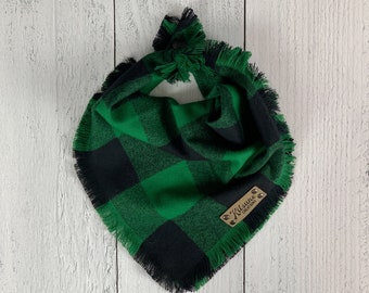 Green Buffalo Dog Bandana (Flannel, Rustic, Christmas, Xmas, Holiday, Winter, Frayed Edge, Green, Buffalo Check, Plaid, Tie and Snap)