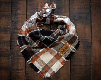 Aviator Dog Bandana (Rustic Fall Dog Bandana, Black Ivory Rust Plaid Flannel, Frayed Edge, Tie and Button Snap)