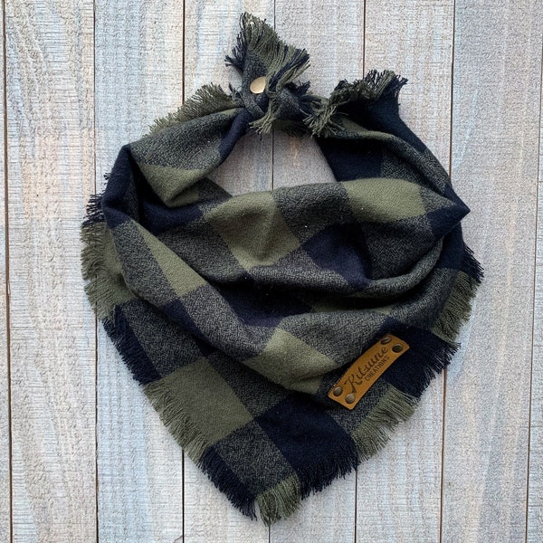 Valor Dog Bandana (Army, Military, Navy, Marines, Patriotic, Olive Green, Spring, Summer, USA, Flannel, Frayed Edge, Tie and Snap, Plaid)