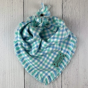 Sea Glass Dog Bandana (Summer Outfit, Beach Season, Ocean Green and Blue Checkered Plaid Flannel, Nautical Seadog, Tie on Button Snap)