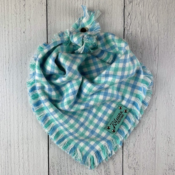 Sea Glass Dog Bandana (Summer Outfit, Beach Season, Ocean Green and Blue Checkered Plaid Flannel, Nautical Seadog, Tie on Button Snap)