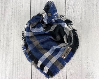 Pañuelo marinero para perro (Nueva Inglaterra, Maine, cuadros negros y azules, bufanda tradicional, pañuelo para perro de otoño, franela de invierno, borde deshilachado, broche de corbata)