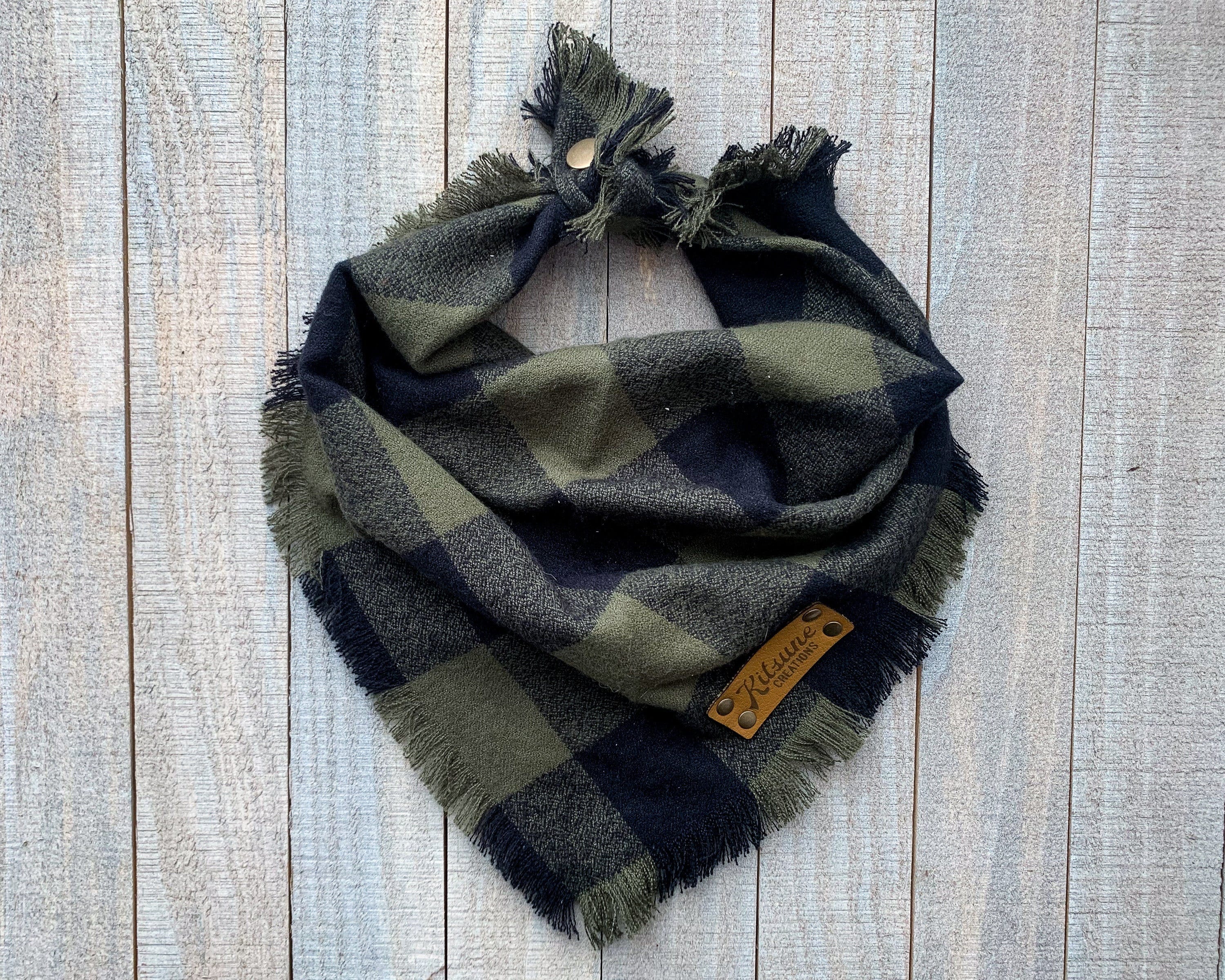 Valor Dog Bandana (Army, Military, Navy, Marines, Patriotic, Olive Green, Spring, Summer, USA, Flannel, Frayed Edge, Tie and Snap, Plaid)