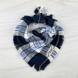 Portland Plaid Dog Bandana (Classic Maine Dog Scarf, Ocean and Beach Flannel, Denim Dog, Indigo Plaid, White and Jean Blue, Button Snap)