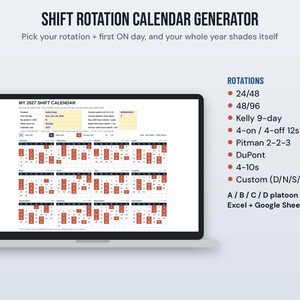 May include: A digital shift rotation calendar generator displayed on a laptop screen. The interface shows a 2027 calendar with color-coded dates. A list of rotation options including 24/48, 48/96, Kelly 9-day, Pitman 2-2-3, DuPont, and 4-10s is provided.