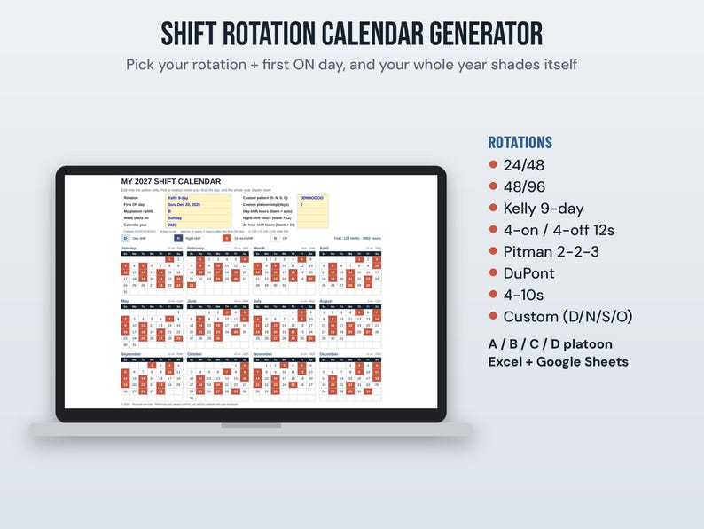 May include: A digital shift rotation calendar generator displayed on a laptop screen. The interface shows a 2027 calendar with color-coded dates. A list of rotation options including 24/48, 48/96, Kelly 9-day, Pitman 2-2-3, DuPont, and 4-10s is provided.