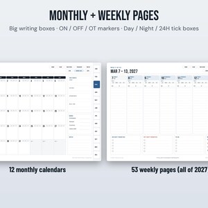 May include: A digital planner layout featuring monthly and weekly pages for 2027. The monthly view shows March 2027 with large writing boxes, while the weekly view displays March 7-13, 2027, with sections for daily tasks, ON/OFF/OT markers, and 24-hour tick boxes.