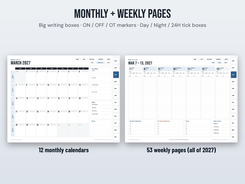 May include: A digital planner layout featuring monthly and weekly pages for 2027. The monthly view shows March 2027 with large writing boxes, while the weekly view displays March 7-13, 2027, with sections for daily tasks, ON/OFF/OT markers, and 24-hour tick boxes.