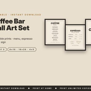 May include: A set of three wall art prints with black frames on a beige background. The prints feature text including Coffee Bar, Coffee Menu, and Espresso Ratio Guide. The text includes sizes 8x10, 16x20, and 4x5 inches for the prints.
