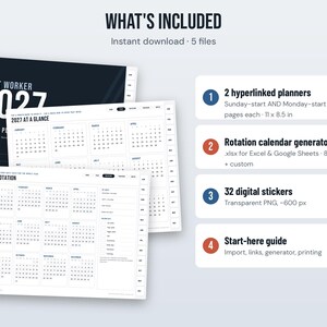 May include: A digital 2027 shift worker planner set including two 11 x 8.5 inch hyperlinked planners, a rotation calendar generator for Excel and Google Sheets, 32 transparent PNG digital stickers, and a start-here guide for import and printing.