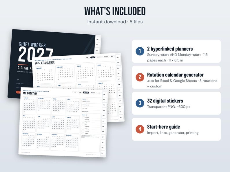 May include: A digital 2027 shift worker planner set including two 11 x 8.5 inch hyperlinked planners, a rotation calendar generator for Excel and Google Sheets, 32 transparent PNG digital stickers, and a start-here guide for import and printing.