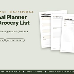 May include: A printable meal planner and grocery list set featuring five pages in US letter PDF format. The documents include sections for weekly meal planning, grocery lists, and recipe cards with clear black text on white paper.