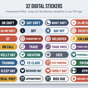 May include: A collection of 32 digital stickers featuring various work-related labels like ON SHIFT, DAY SHIFT, NIGHT SHIFT, 24-HR SHIFT, 48-HR SHIFT, OFF, DAY OFF, OVERTIME, OT, MANDATORY OT, HOLDOVER, CALLBACK, ON CALL, TRADE, TRADE OWED, and TRADE PAID BACK.