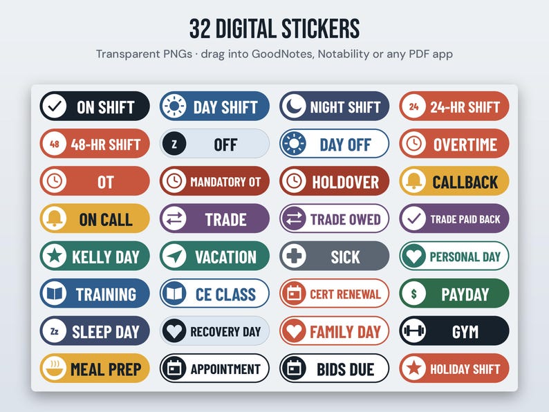 May include: A collection of 32 digital stickers featuring various work-related labels like ON SHIFT, DAY SHIFT, NIGHT SHIFT, 24-HR SHIFT, 48-HR SHIFT, OFF, DAY OFF, OVERTIME, OT, MANDATORY OT, HOLDOVER, CALLBACK, ON CALL, TRADE, TRADE OWED, and TRADE PAID BACK.