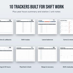 May include: A digital planner set titled 10 TRACKERS BUILT FOR SHIFT WORK, featuring eight distinct white templates for overtime, shift trades, leave balances, certifications, training, paychecks, sleep, and meal planning.