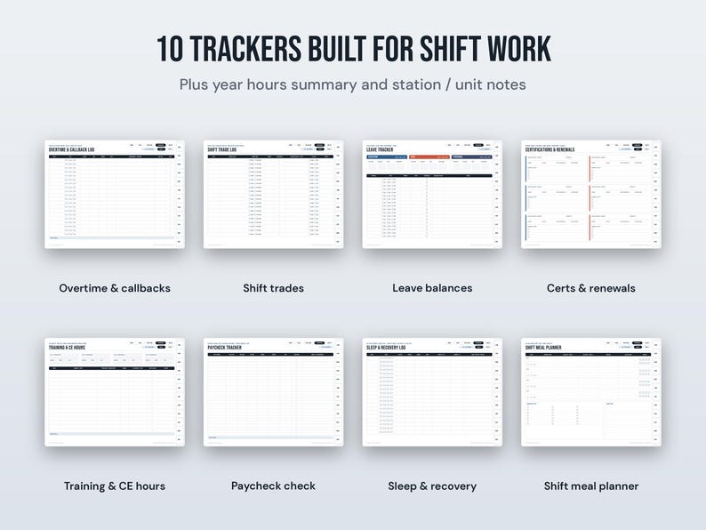 May include: A digital planner set titled 10 TRACKERS BUILT FOR SHIFT WORK, featuring eight distinct white templates for overtime, shift trades, leave balances, certifications, training, paychecks, sleep, and meal planning.