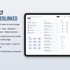May include: A digital planner displayed on a tablet screen, featuring a home dashboard with sections for trackers, notes, and monthly buttons. The text reads FULLY HYPERLINKED, Month tabs on every page, Home, Year, Rotation, Trackers, Notes buttons, and About 2,450 links, all tested.