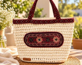 Handmade Crochet Tote Bag, Ivory Boho Shoulder Bag, Embroidered Ethnic Purse, Burgundy Floral Handbag, Unique Gift for Her