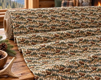 Montana Moose Fabric by the Yard, Vintage Moose Cotton Twill, Rustic Cabin Wildlife Sewing Fabric