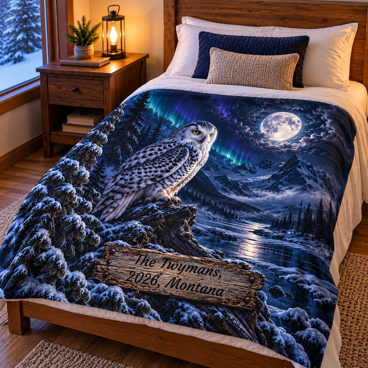 Personalized Snowy Owl Blanket, Custom Montana Winter Throw, Moonlit Mountain Blanket, Owl Lover Cab