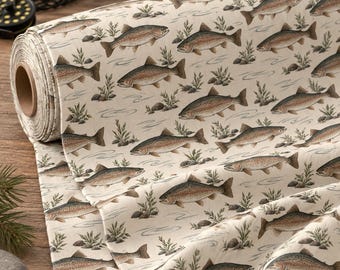 Trout Fabric by the Yard, Vintage Rainbow Trout Cotton Twill, Montana Fly Fishing Fabric