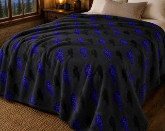 Neon Raven Blanket, Velveteen Plush Throw, Blacklight Inspired Raven Decor, Purple Raven Blanket, Montana Cabin Bedroom Decor