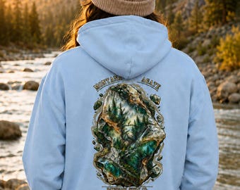 Built in the North Moss Agate Hoodie, Gildan 18500 Gemstone Back Print, Montana-Inspired Outdoor Sweatshirt