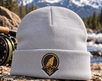 Wolf Embroidered Beanie, Montana Mountain Winter Hat, Outdoor Knit Cap, Hiking Camping Beanie, Ravenmark Supply Co.