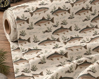 Trout Fabric by the Yard, Vintage Rainbow Trout Cotton Twill, Montana Fly Fishing Fabric