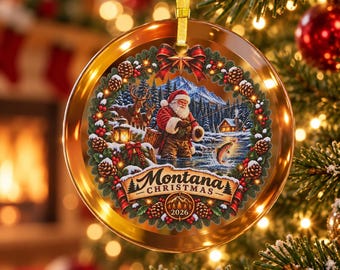 Montana Christmas 2026 Santa Fly Fishing Glass Ornament, Reindeer Christmas Decor, Montana Fisherman Gift, Fly Fishing Gift