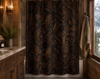 Goblincore Shower Curtain, Fly Fishing Bathroom Decor, Mushroom Cabin Shower Curtain, Rustic Montana Forestcore Decor